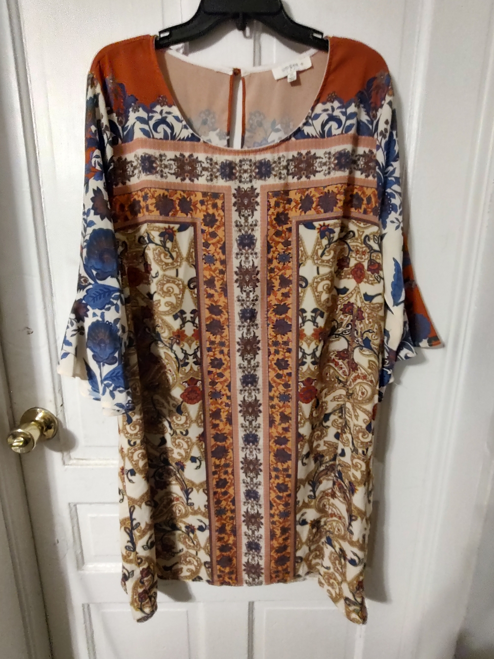 Umgee Multicolor Boho Midi Dress in Rust, Blue, Cream